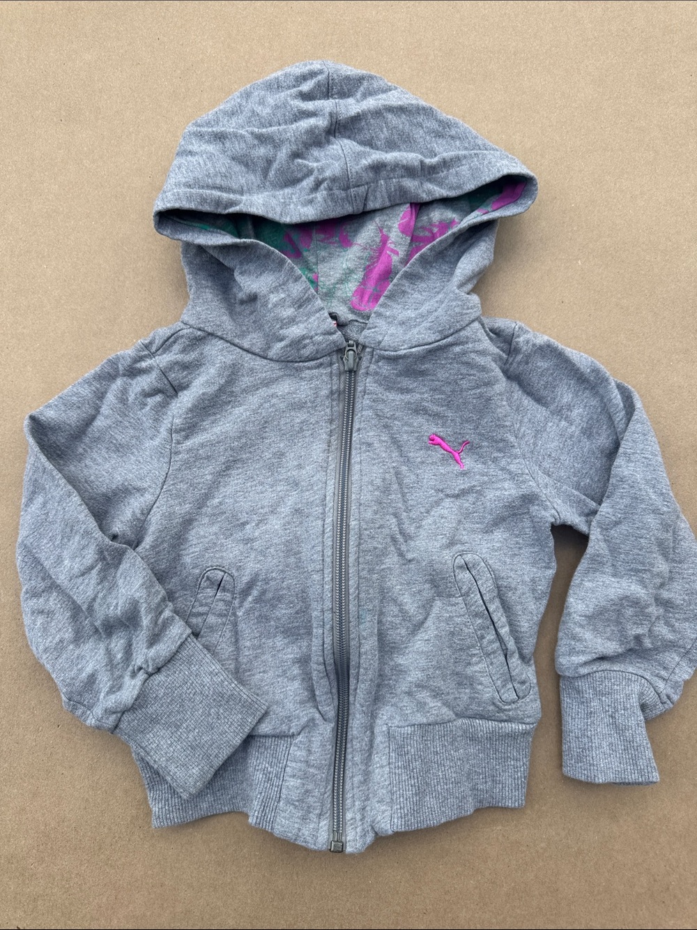 Puma Gray Zip Hoodie with Pink Logo and Hood Print